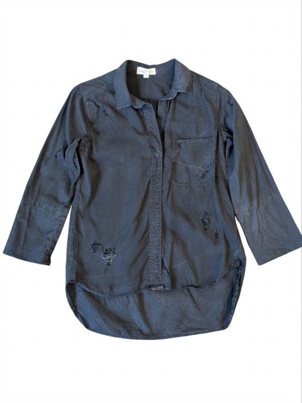 Cloth & Stone Tencel Distressed ButtonUp Shirt XS Dark Gray Raw Hem Indie Sleeze